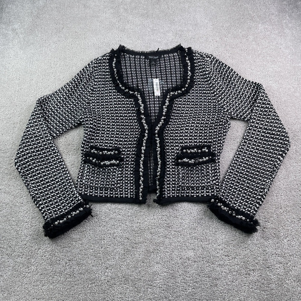 NEW White House Black Market Cardigan Womens XL Black White Pearl Embellished